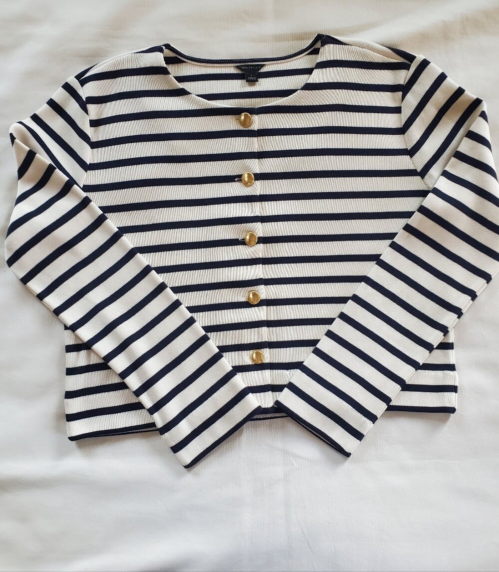 Ann Taylor Navy and White Striped Button-Front Women's Top-large
